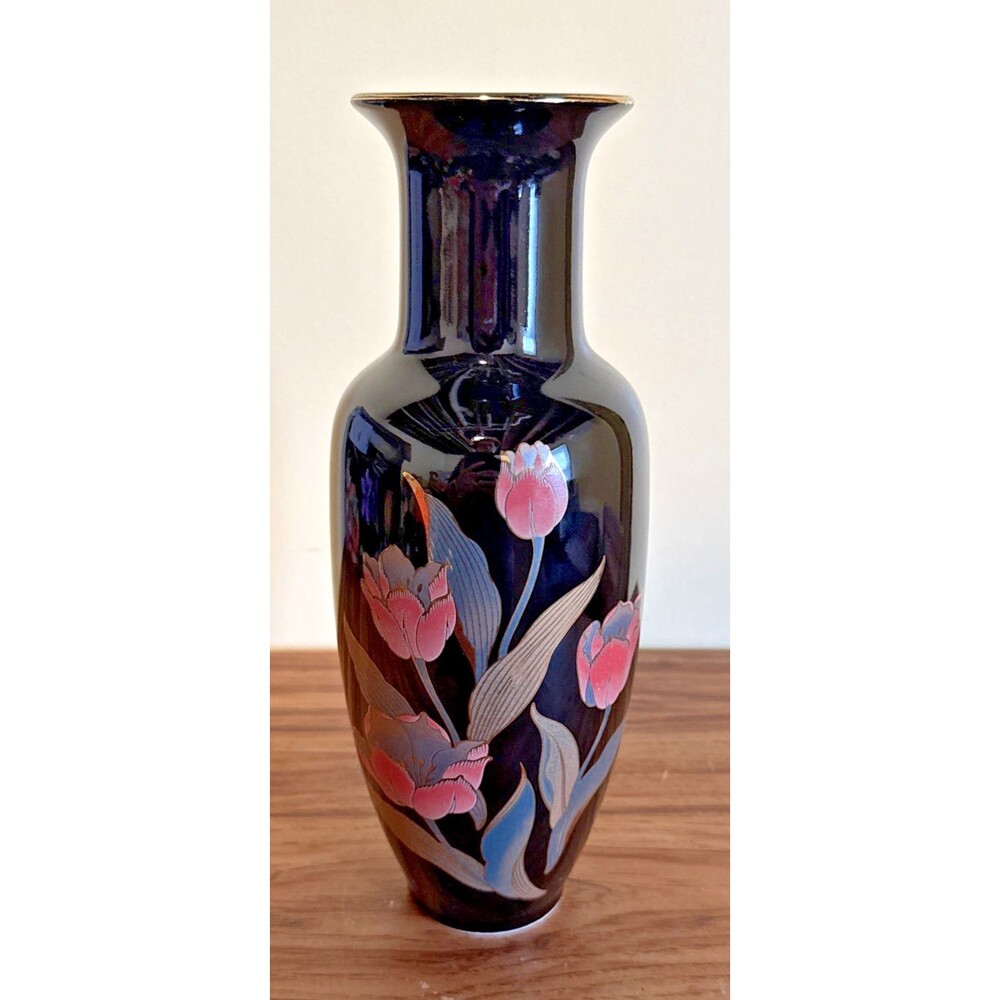 Vintage Black Hand Painted Art Black Pottery Vase 11” Japanese Tulips
